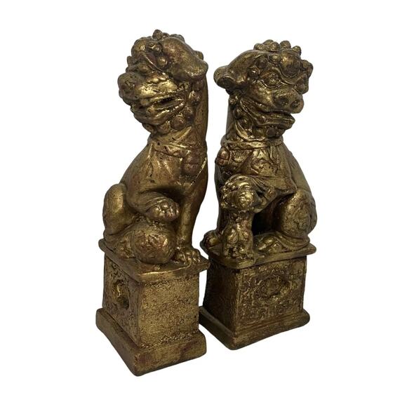 Vintage Brushed Gold Foo Dog Chinese Imperial Guardians Lion Bookends- A Pair - Picture 11 of 16